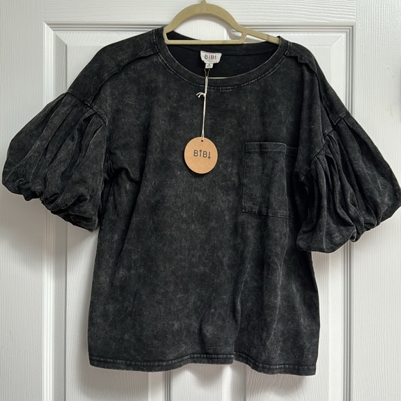 NWT BiBi Mineral Washed Charcoal Black Pocketed Top - Picture 3 of 8